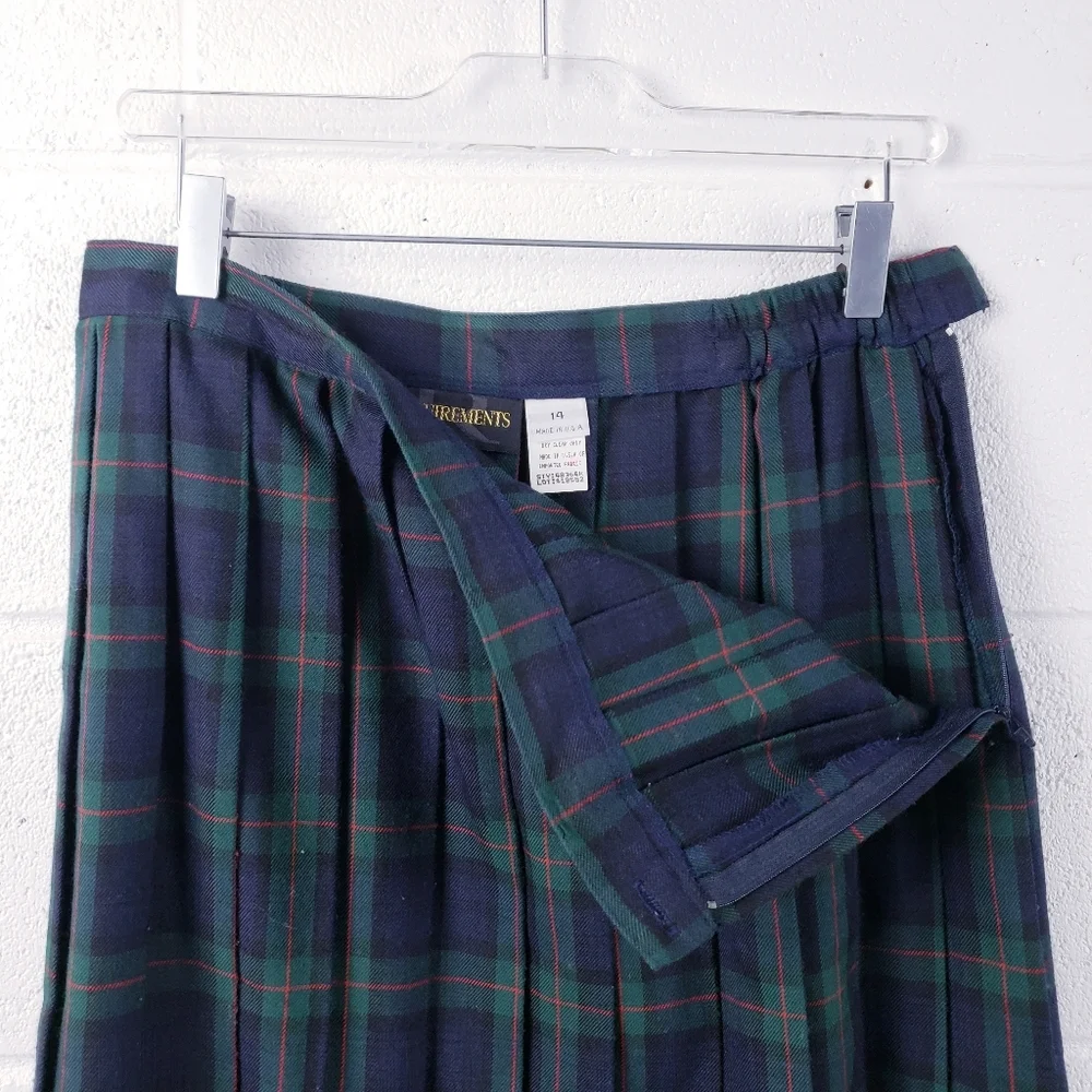 Vintage School Girl Pleated A-Line Midi‎ Skirt Blue Green Plaid Women's Size 14